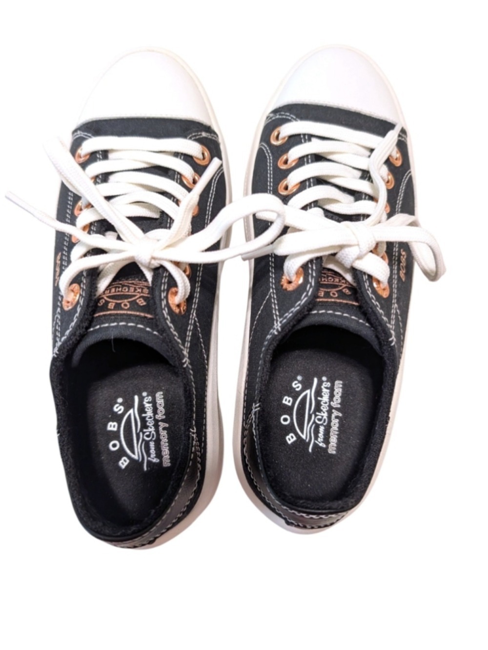 BOBS from Skechers Black White Canvas Sneakers Rose Gold Eyelets - Picture 6 of 9